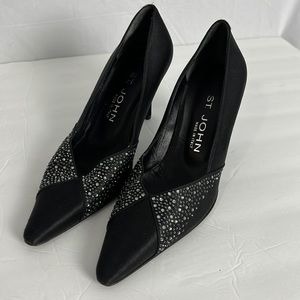 St. John Black Satin and rhinestones pump
